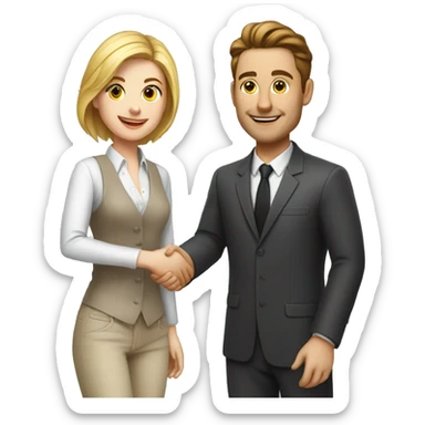 an adult restaurant owner and a young blogger shaking hands, both with fair skin, in great detail sticker