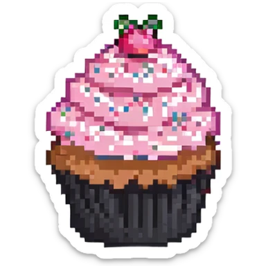 pixel art cupcake with pink frosting and sprinkles sticker