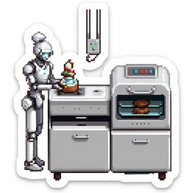 A robotic baker with stainless steel limbs, built-in mixers, and a retro-futuristic oven. The environment is industrial-chic: brushed metal surfaces, LED panels, and mechanical arms. UI mimics control panels with toggle switches, rivets, and analog dials. sticker