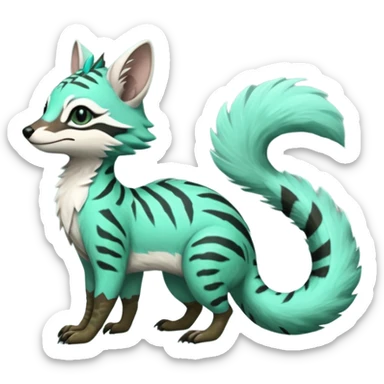 Feral Rare Fantasy minty-cyan pastel-seafoam-green Hunter-forest-green  Vernid-Gremz-Numbat-Sergal-Genet-Trico-species by LiLaiRa, random markings, tufted tail, tufted ears, full body sticker