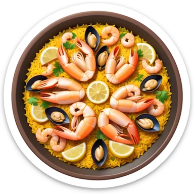 cinematic-realistic-paella-dish-emoji,-depicted-as-a-vibrant,-aromatic-rice-dish-loaded-with-seafood,-chicken,-and-saffron-rendered-with-rich-textures-and-dynamic,-warm-lighting with a lemon slice in the middle sticker