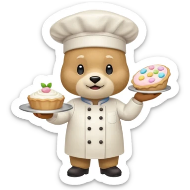 quiero un oso de pie con un delantal de pasteleria y un jorrito de chef que una mano tenga una manga oastlera sticker