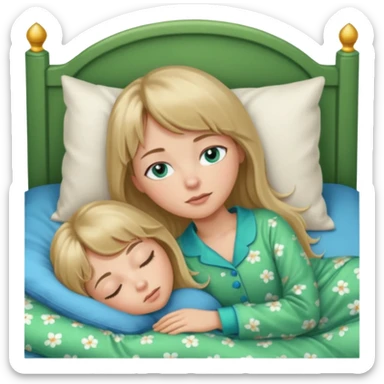 Woman with blue eyes and long dark blond hair and a bang, sleeping in bed  with green pyjama sticker