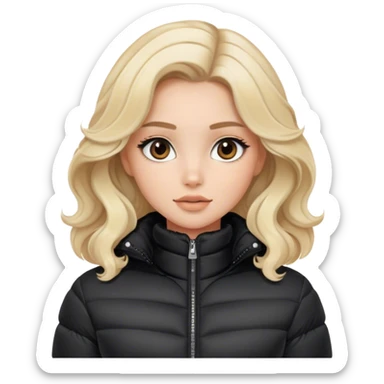 Luxury blonde model, brown eyes, soft sleek wavy hair, wearing a black puffer jacket winter sticker