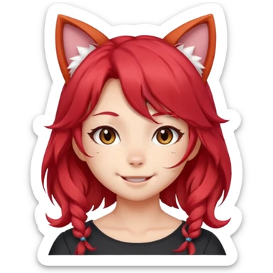 very cute anime cat-girl with cat ears, red blowing hair sticker