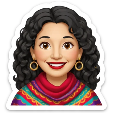 60 yr old peruvian woman, slightly chubby, wavy/curly long black hair, red lipstick, big smile, white teeth, brown eyes, hoop earings, side part to hair, round face sticker