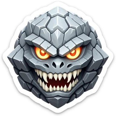 Create a hybrid predator that combines the territorial stone guardian's impenetrable defense with the metallic serpent's deadly speed and venomous bite, resulting in a segmented rock-steel creature that can both form a protective shell and uncoil into a swift, striking form with glowing eyes and crystalline fangs. sticker
