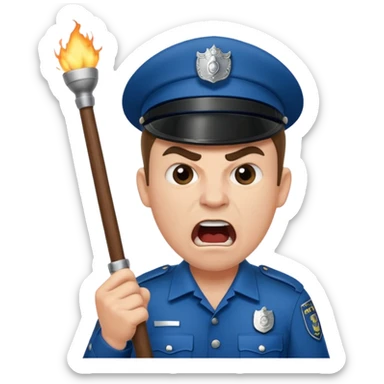 An angry British policeman with a baton in his hands shouts sticker