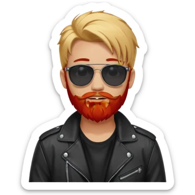 generate an ios genmoji of a 20 year old tan boy with black sunglasse Wearing a leather jacket. Has a dyed blonde beard and veryyyyy long red hair sticker