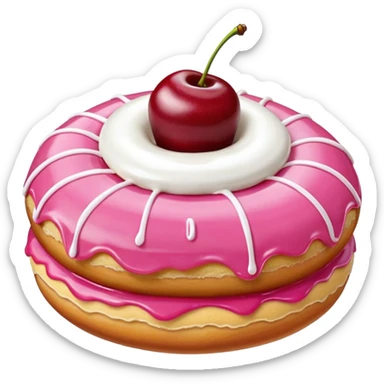 Round donut with smooth shade pink icing and thin white drizzle lines, golden-brown dough visible on the sides.
White whipped cream dollop in the center topped with a glossy red cherry and stem, clean studio lighting, pure white background, realistic minimal emoji-style. sticker