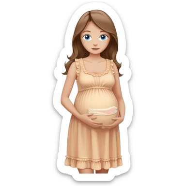 Beautiful Woman with Blue eyes, and long flowing almond brown hair and a light peachy tan skin tone, standing in a relaxed pose holding her baby bump with a visible baby bump in frilly buttercream colored babydoll sundress  sticker