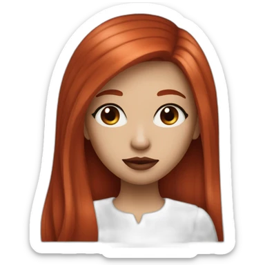 straight long red hair,red lipstick,black eyes, white skin and a small nose with transparent sticker