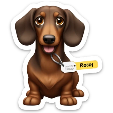 Brown long haired Sausage dog with a tag that says Rocky sticker