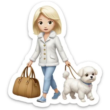 blonde woman wearing white, walking a small maltese dog. sticker