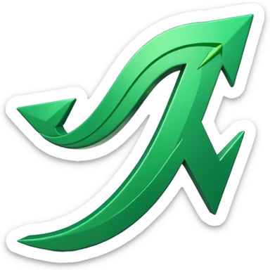 iOS-style 3D emoji: a glossy green arrow curving upward, attached to a jagged rising line chart, with smooth gradients and soft shadow sticker