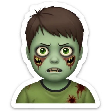 a little chubby teenage boy with brown emo hair, gray-green eyes, zombie sticker
