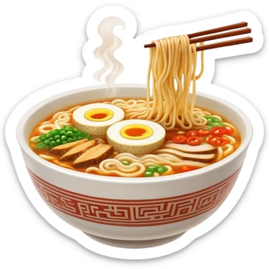 Cinematic Realistic Ramen Dish Emoji, showcasing a steaming bowl of rich broth with noodles and toppings rendered with dynamic textures and inviting, warm lighting. sticker