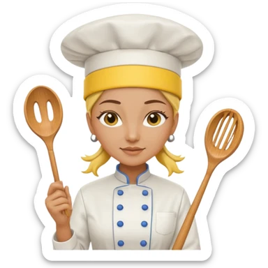 a woman chef wearing a bright yellow chef uniform with hat sticker