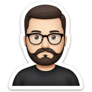 Caucasian male, chubby, longer hair straight dark brown hair combed back, thick dark eyebrows, rectangular black eyeglasses, full beard and mustache neatly groomed, neutral facial expression, wearing a black crew neck shirt. sticker
