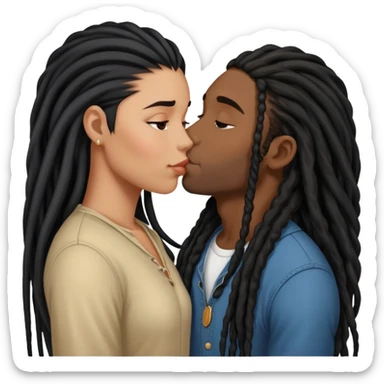 Latina Woman with long hair kissing a young black guy with dreads no beard sticker