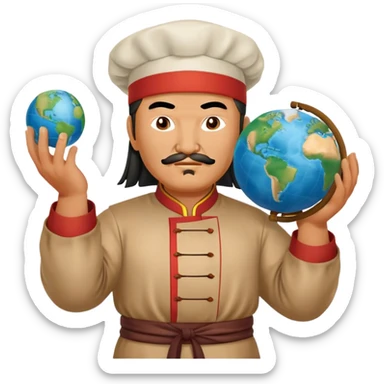 genghis khan as a cook and holds a globe on his both hands sticker