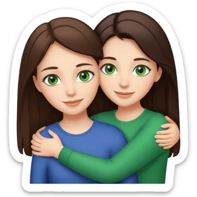 A brunette sister with green eyes and a brunette sister with green eyes in different clothes together hugging sticker