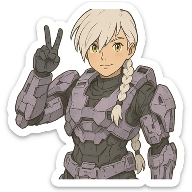 victory salute, female, wearing reach spartan armor shoulder-unequip, long white braid hair with massive messy front side single bangs, gold yellow eyes, attention pose, D-cup size, HALO:series, no helmet, the armor is lavender color scheme, sticker