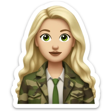 White girl with Long blonde hair and green eyes, camouflage Wool oversize blazer, mini skirt and Brown leather boots  sticker