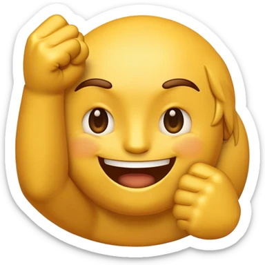 A medium-sized, golden-yellow emoji with a round face. It has a slightly bearded look, one eye winking, and a smiling expression. On both sides, there are fists with index fingers pointing left and right. sticker