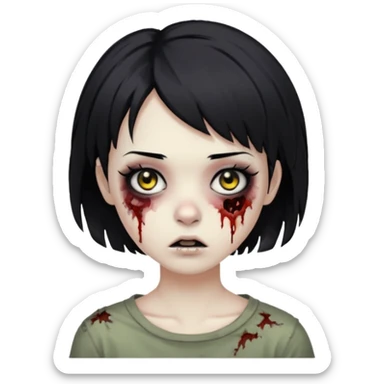 Zombie girl with messy black short hair with lashes and torn cheek and calm face sticker