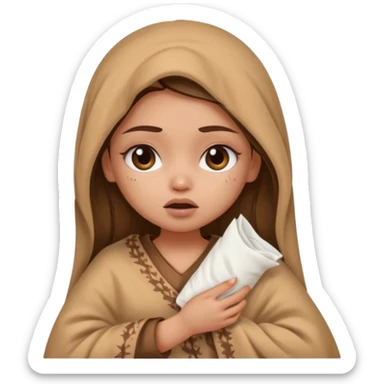 a pretty bratz fair indian girl wearing a brown pajamas and blnaket, dark circles, crying, holding tissues sticker