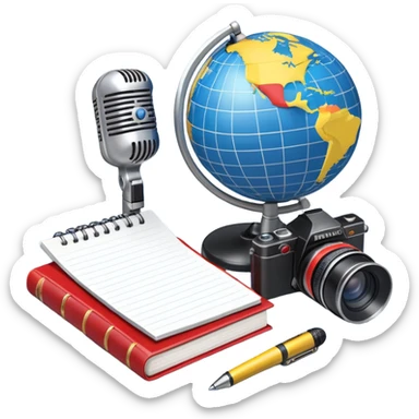 An icon showing a microphone, a notepad, and a camera, symbolizing journalism. The design includes a globe in the background, representing global news, and a breaking news banner for emphasis. Transparent background highlights the dynamic world of media and reporting. sticker