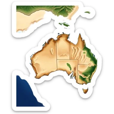 Outline and Landmass of Australia – Cinematic-realistic map of Australia, featuring its distinct coastline and iconic landmass shape. The deep blue ocean surrounds the golden-brown continent, with subtle topographic details highlighting its vast deserts, lush forests, and rugged coastline. A soft glow accentuates the edges, making the shape unmistakable. sticker