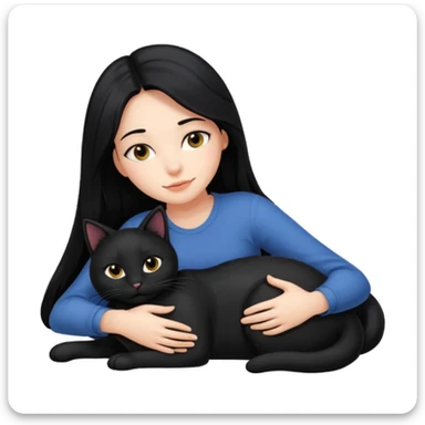 A girl with long black hair, lying down with her black cat while hugging each other. sticker