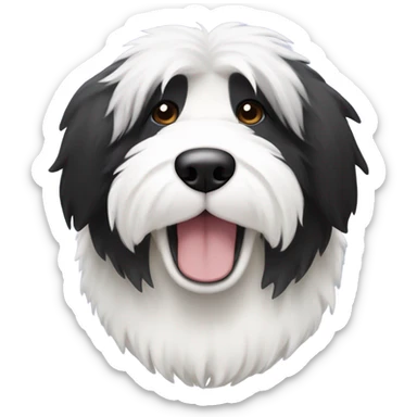 Old English sheepdog with a half and half face like a black (right side) and white (left side) cookie sticker