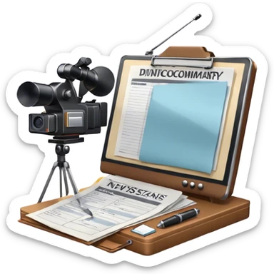 Icon for Documentary Film: A TV show-style design with a large screen displaying a documentary scene. Include papers, a clipboard, and files scattered around, along with a microphone and camera. The design should evoke a news or investigative TV program vibe. Transparent background. sticker