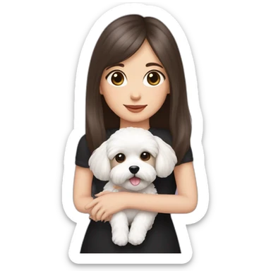 girl brunette with long straight hair dressed in black top hold on the hands, dressed small white puppy girl maltipoo with pink collar sticker