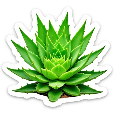 Cinematic Realistic Aloe Vera Emoji, Plump and succulent, with thick, fleshy leaves arranged in a star-like rosette. The vibrant green leaves have a slightly spiky texture, exuding a sense of resilience and healing. Soft glowing outline, capturing the essence of natural wellness and desert vitality in a flourishing aloe vera plant! sticker