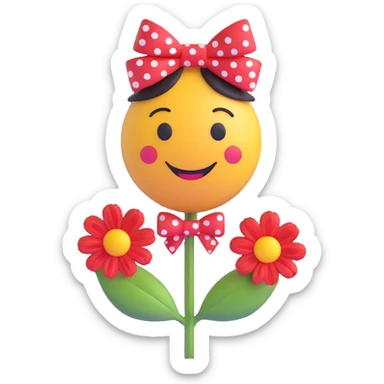 3D smiley emoji, large eyelashes, red polka dot bow, smiling, holding a red flower in one hand, cute style sticker