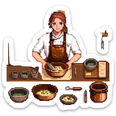 A confident journeyman baker working with copper mixing bowls, enamel measuring cups, and a leather-bound recipe book. The environment features warm lighting, brass utensils, and stitched cloth textures. UI elements resemble embossed leather tabs and metallic buttons. sticker