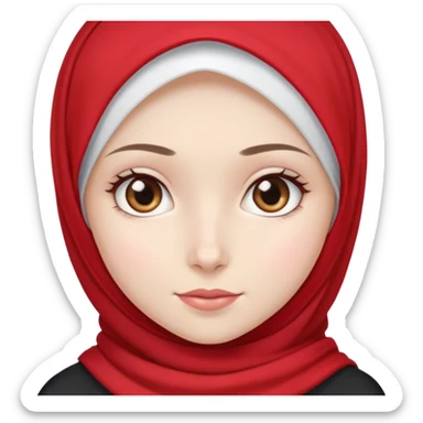 Muslim girl wearing a red hijab and black full shirt She has white skin, light brown eyes, and a cute face sticker