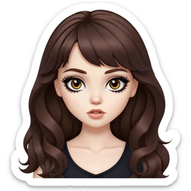 wavy brown long bangs hair, pale skin, dark black iris, pretty bratz baddie, strong black eyeliner sticker