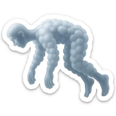 side view of unconscious person flying upwards by torso, legs and arms downwards, made of small very bright white fluffy convex clouds, matte glass style sticker