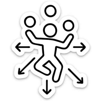 icon of a person leaping while juggling tasks, arrows radiating outward, energetic and organized, playful but focused, planning theme sticker
