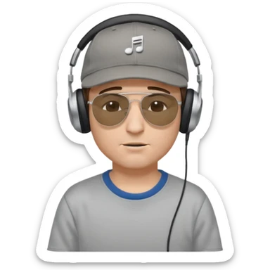 emojis.com dj-man-white-with-baseball-cap---rayban-sun-glasses-80s---brown-hair---closed-eyes-with-headphones-on-with-musical-note-over-head-(listening-to-music-)---eyes-closed-no-glasses---black-hat--musical-notes EYS c losed  grey sweatshirt sticker