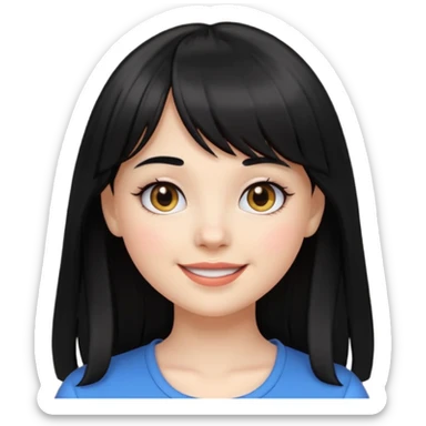 pretty white girl with long black hair and thick bangs, very dark brown eyes, simple facial features, round face, emoji style sticker