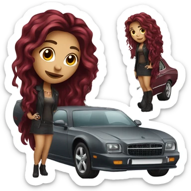 Beautiful tattooed burgundy long haired woman standing next to a car sticker