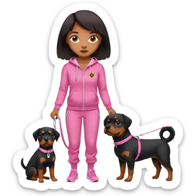 Rottweiler on one leash by African American woman in all pink track suit sticker