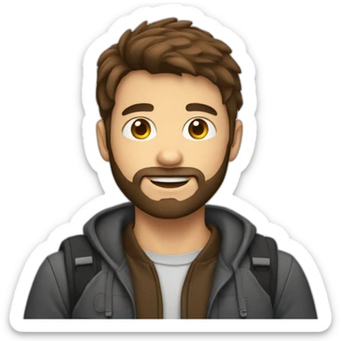 Boy with brown hair and beard and laptop sticker