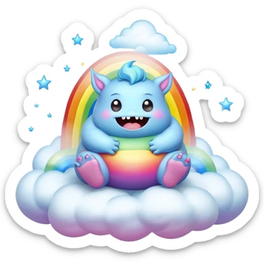 3D, Kawaii derpy fat rainbow monster sitting on a magic rainbow hued cloud, rich textures, visually detailed, so lifelike that it feels like it could leap off the page at any moment sticker